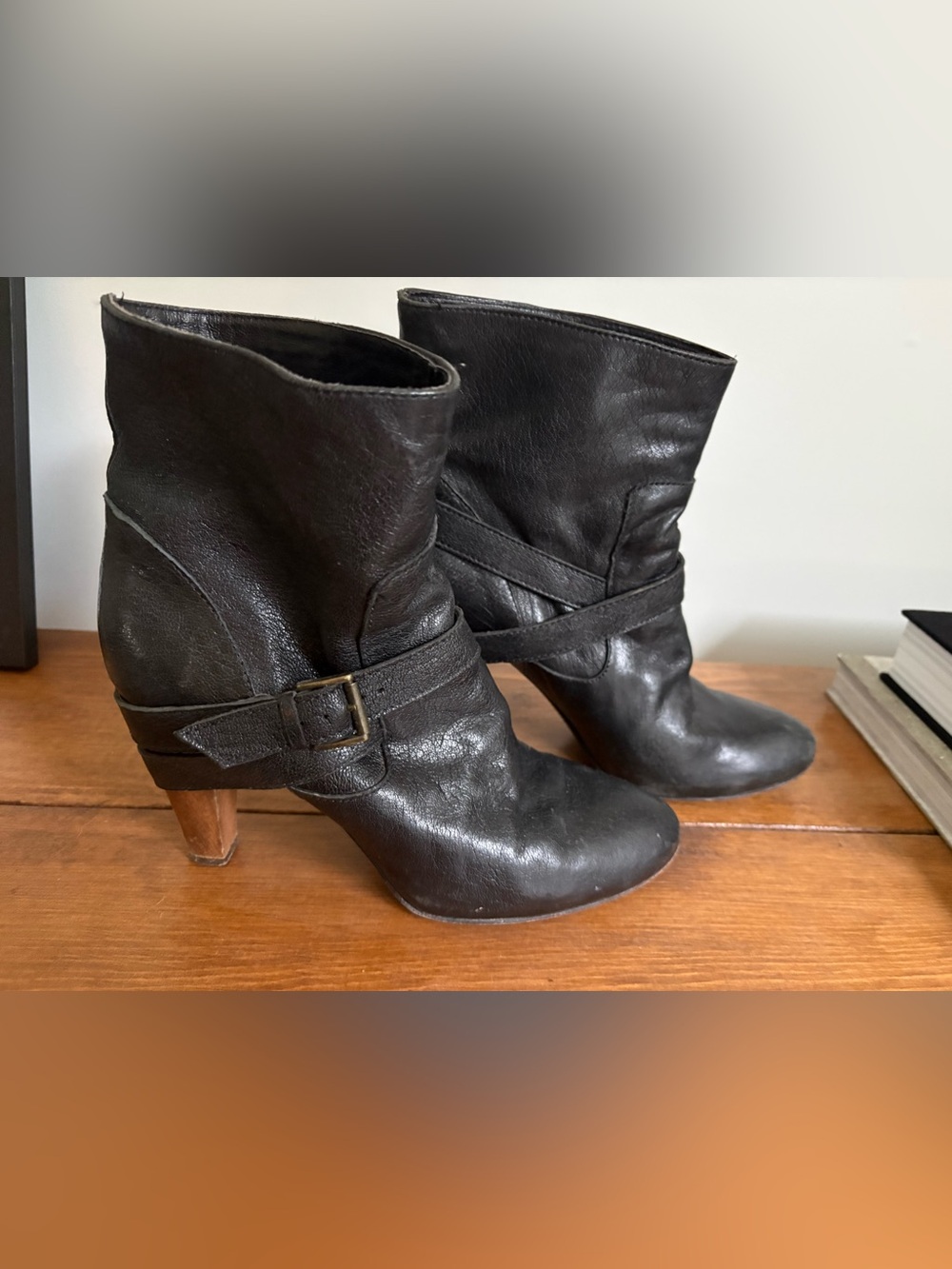 Joie Black Leather Ankle Boots with Buckle Strap